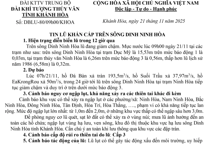 Tin lũ khẩn cấp trên sông Dinh Ninh Hòa (Tin phát lúc 9h ngày 21/11)