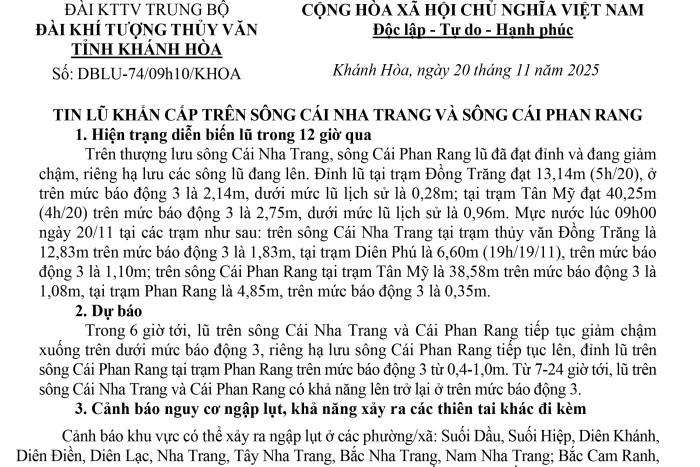 Tin lũ khẩn cấp trên sông Cái Nha Trang và sông Cái Phan Rang