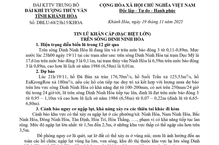Tin lũ khẩn cấp (đặc biệt lớn) trên sông Dinh Ninh Hòa