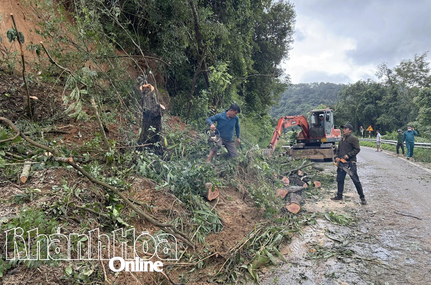 Đơn vị bảo trì cưa cây, thu dọn đất đá tại một điểm sạt lở trên đèo Sông Pha
