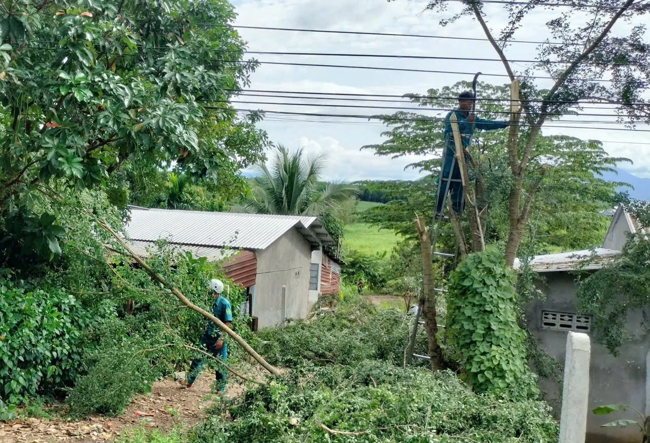 Lực lượng dân quân xã Trung Khánh Vĩnh giúp dân cắt tỉa cây xanh có nguy cơ ngã đổ.