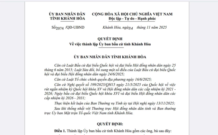 Thành lập Ủy ban Bầu cử tỉnh Khánh Hòa