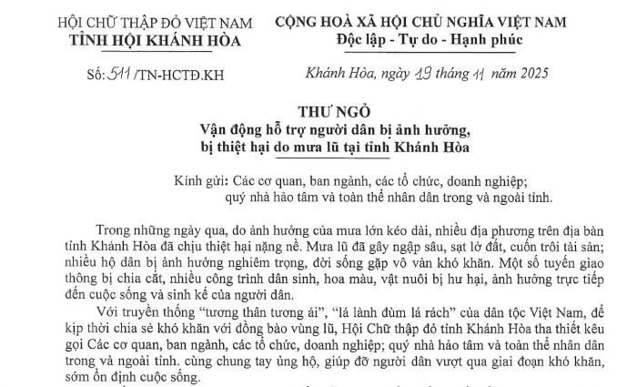Hội Chữ thập đỏ tỉnh Khánh Hòa phát động Chiến dịch "Chung tay cùng Khánh Hòa vượt lũ"
