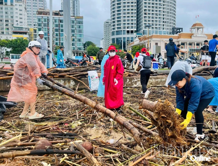 Gần 300 tình nguyện viên ngành du lịch dọn rác trên bãi biển Nha Trang sau mưa lũ