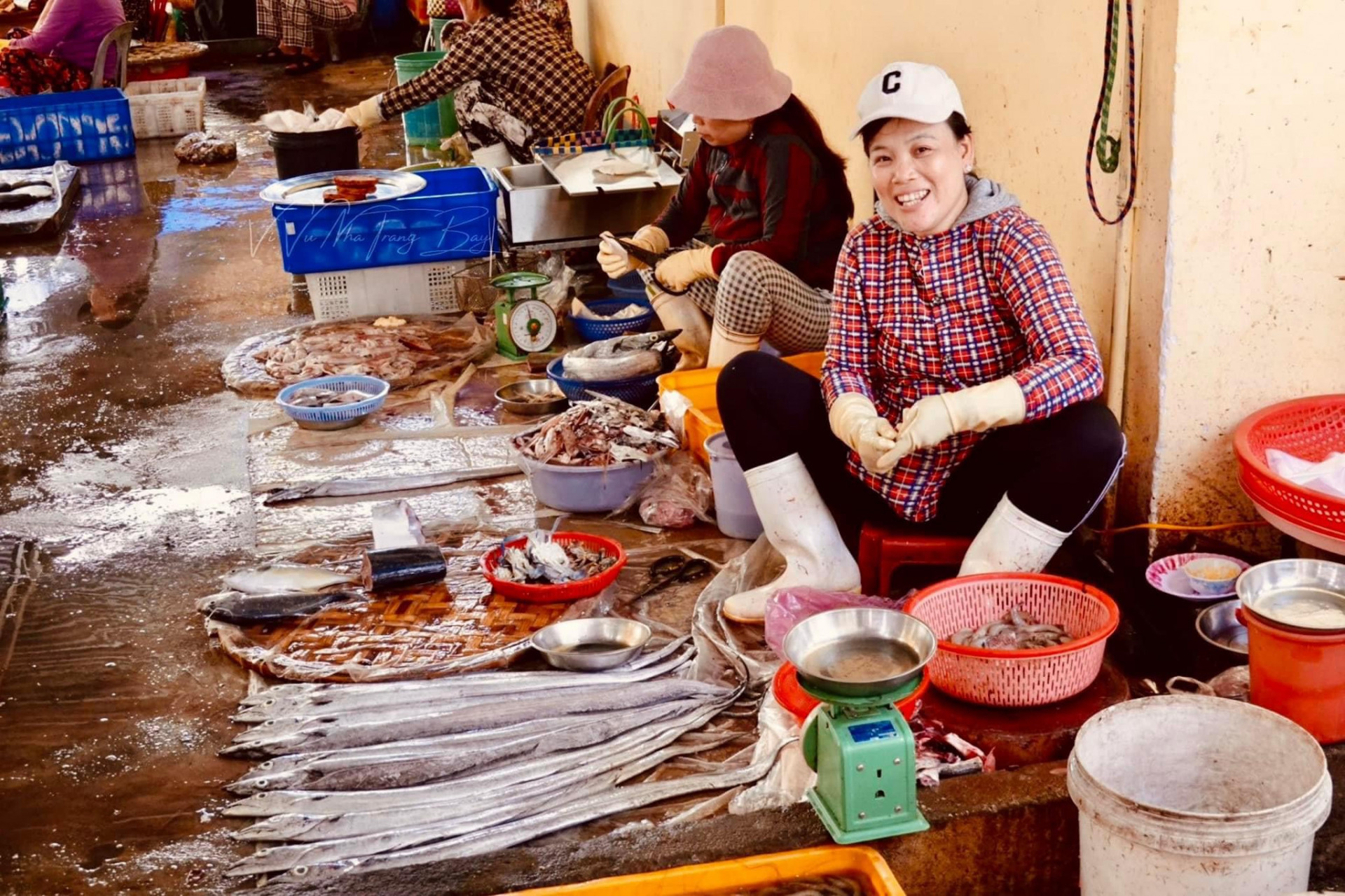 Cô bán cá trong chợ Vĩnh Ngọc.