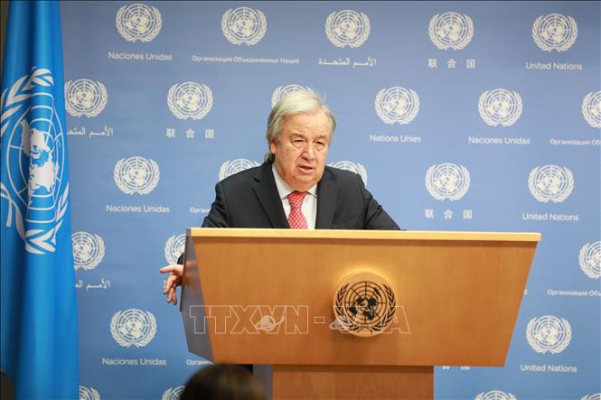 TTK LHQ Antonio Guterres phát biểu tại cuộc họp báo ở New York, Mỹ. Ảnh: THX/TTXVN
