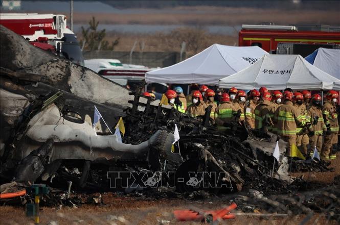 Hiện trường vụ tai nạn máy bay tại Muan, tỉnh Nam Jeolla, Hàn Quốc, ngày 29/12/2024. Ảnh: Reuters/TTXVN
