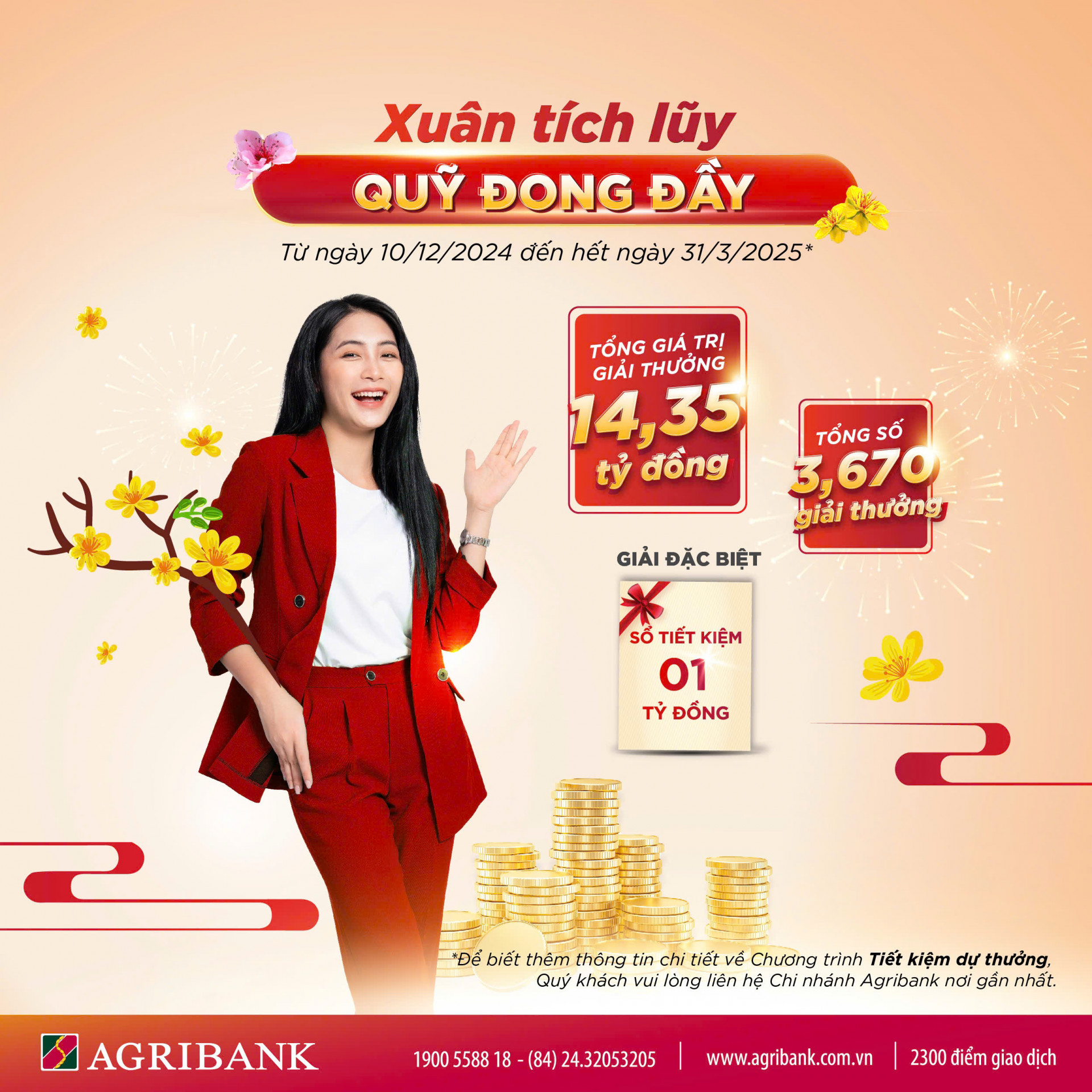 Cơ hội trúng 1 tỷ đồng khi tham gia chương trình tiết kiệm dự thưởng “Xuân tích lũy - Quỹ đong đầy” của Agribank.