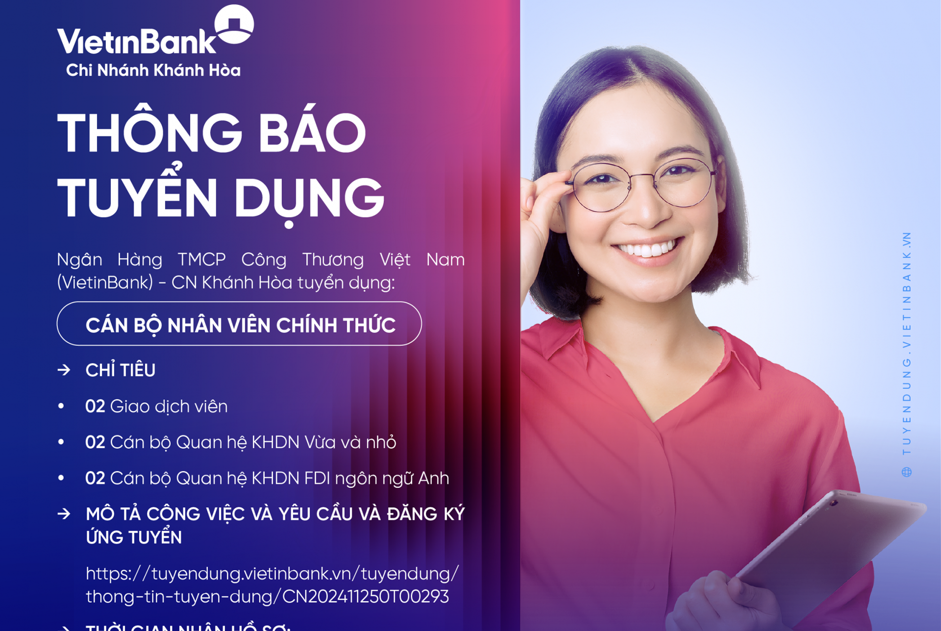 Ngân hàng Công thương Việt Nam - CN Khánh Hòa thông báo tuyển dụng