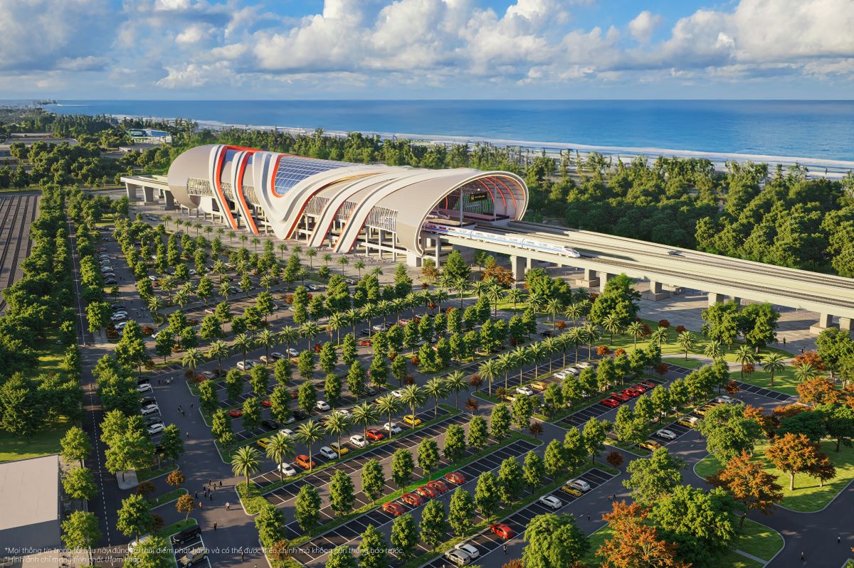 Ga depot tuyến đường sắt tốc độ cao Bến Thành - Cần Giờ nằm ngay cửa ngõ khu Vịnh Ngọc. (Ảnh phối cảnh: Vinhomes)