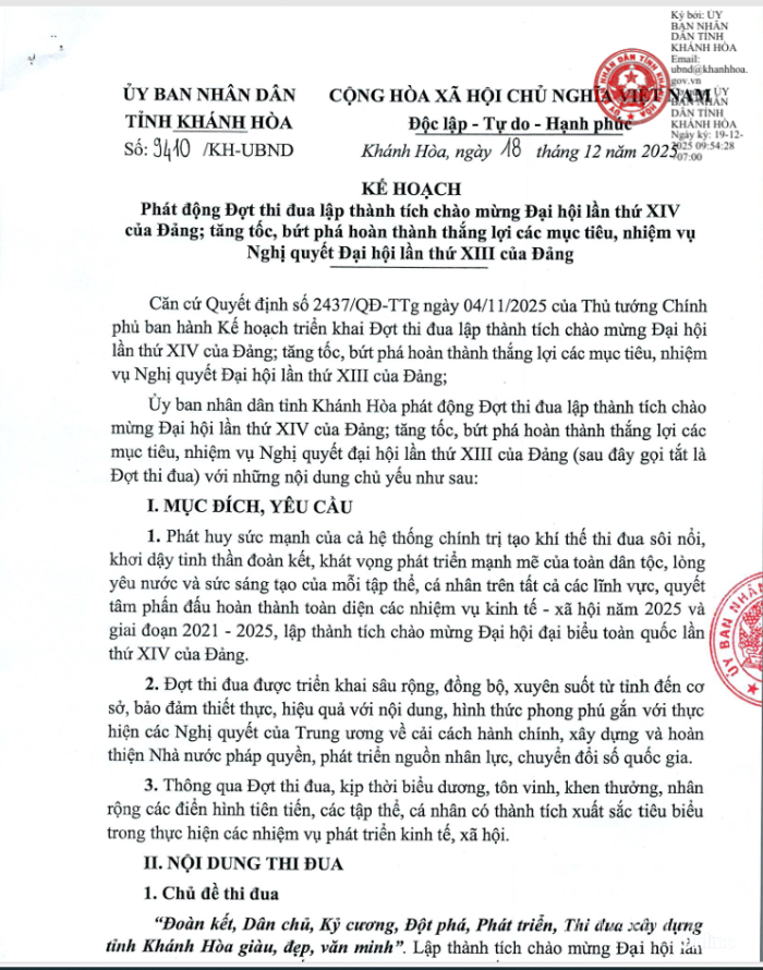 UBND tỉnh Khánh Hòa phát động đợt thi đua chào mừng Đại hội XIV của Đảng