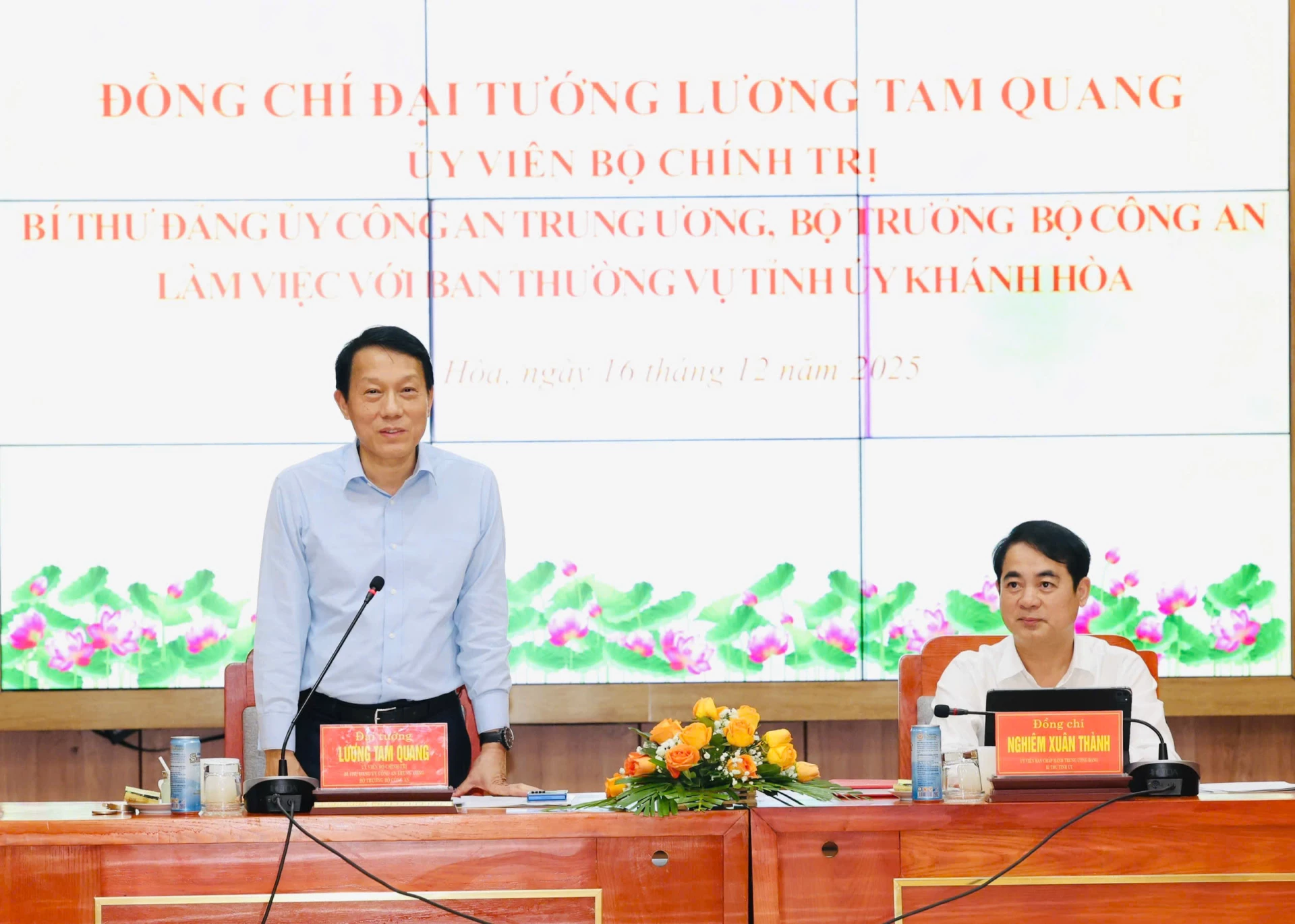 Đại tướng Lương Tam Quang - Ủy viên Bộ chính trị, Bộ trưởng Bộ Công an phát biểu tại buổi làm việc.