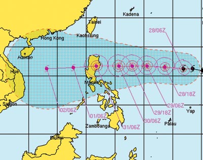 Bản đồ dự báo bão Mirinae trên mạng của Hải quân Mỹ .