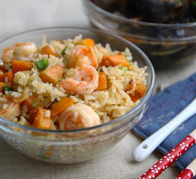 Món ăn: Cơm rang tôm, bí ngô