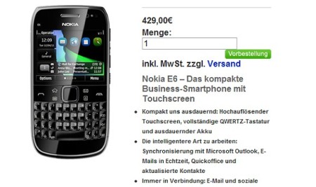 Nokia E6 giá 429 Euro tương đương 600 USD.