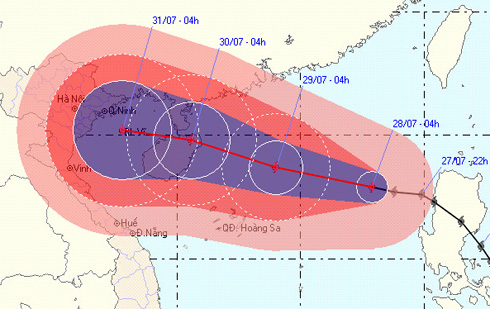 Hướng đi bão Nock-ten theo cơ quan dự báo hải quân Mỹ. Ảnh: NRLMRY. 
