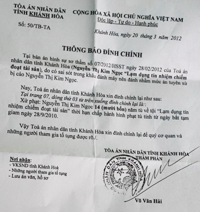 Đính chính bản án bị phát hành sai