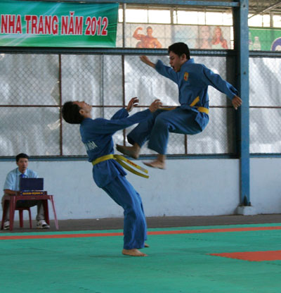  Các võ sinh biểu diễn đòn tấn công bằng chân của môn võ Vovinam.