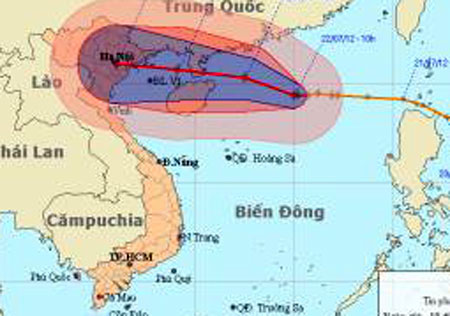 Tâm và hướng đi của bão số 4 (Theo bản tin 11h30, Trung tâm Dự báo KTTV Trung ương)