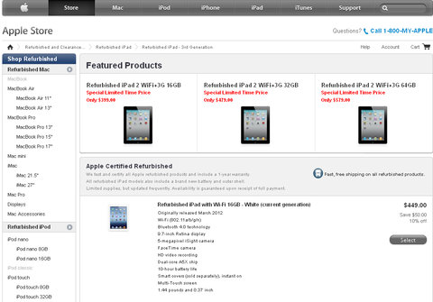 iPad 2012 ’refurbished’ có giá từ 450 USD