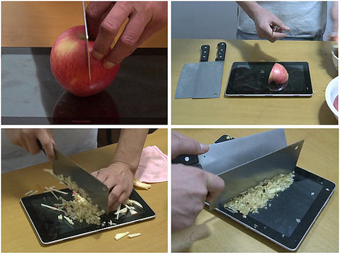 Dùng máy tính bảng Huawei làm thớt băm táo