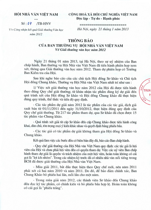 Hội Nhà văn Việt Nam lên tiếng về giải thưởng Văn học 2012