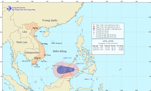 Dự báo đường đi của áp thấp nhiệt đới.  (Ảnh: Trung tâm Dự báo khí tượng thủy văn Trung ương)