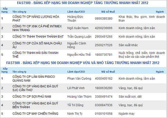 500 doanh nghiệp tăng trưởng nhanh nhất Việt Nam