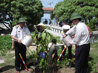 Nhà báo Tôn Nữ Thanh Bình trồng cây trên đảo Sinh Tồn. Ảnh