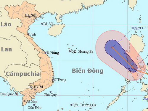 Dự báo đường đi của áp thấp nhiệt đới, cập nhật lúc 14 giờ 30 ngày 29.7 - Ảnh: Trung tâm dự báo khí tượng thủy văn Trung ương