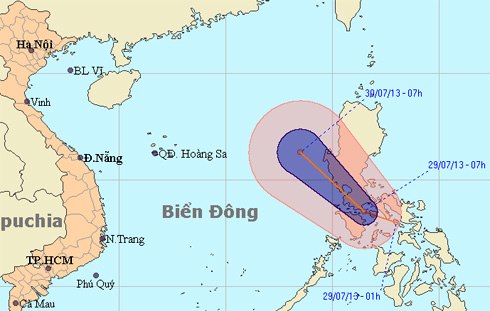 Dự báo đường đi và khu vực ảnh hưởng của áp thấp nhiệt đới. Ảnh: NCHMF.