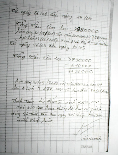 Ông Trần Nam Hậu viết giấy hẹn một công nhân tên Linh đến ngày 19-6-2013 sẽ thanh toán tiền công, nhưng đến nay vẫn không có tiền.