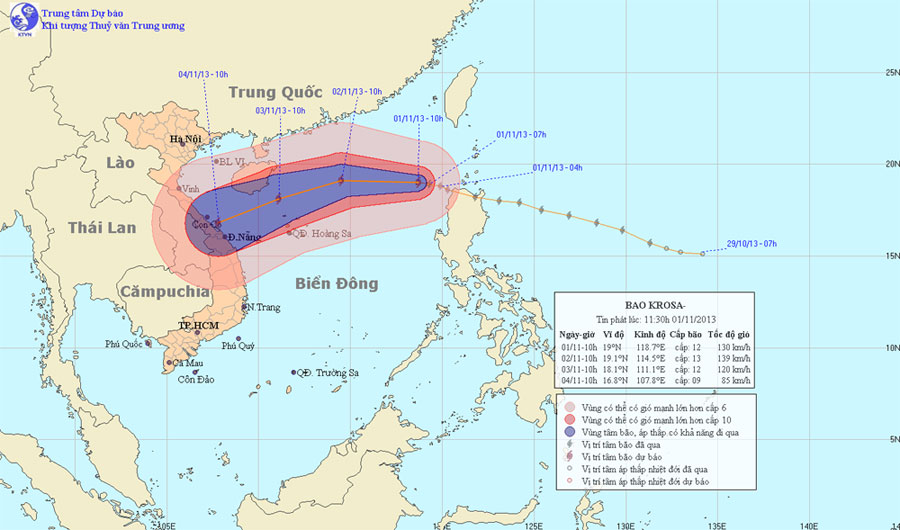 Ảnh đường đi và vị trí của cơn bão Krosa