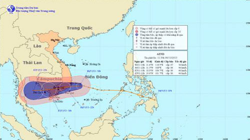 Áp thấp nhiệt đới đang hướng vào Nam Trung Bộ và Nam Bộ
