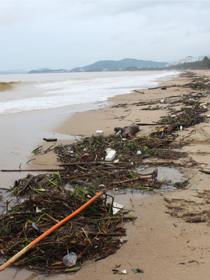 Dọn rác trên bãi biển Nha Trang trong mưa lũ