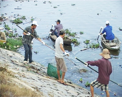 Thu gom rác thải ven sông Dinh.