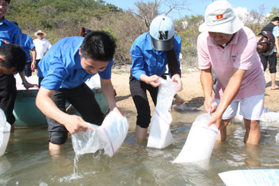 Thả giống, tái tạo nguồn lợi thủy sản tại đầm Nha Phu.