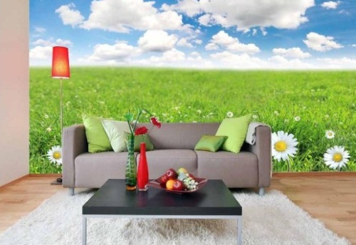 Căn phòng thoáng rộng hơn nhờ giấy dán tường phong cảnh khổ lớn.