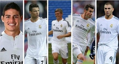 Những ngôi sao chủ chốt của Real trong mùa bóng mới: Benzema, Bale, Kroos, Ronaldo và James Rodriguez (từ phải qua trái).