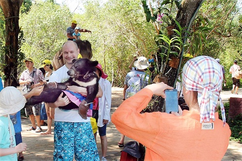 Du khách chơi với gấu