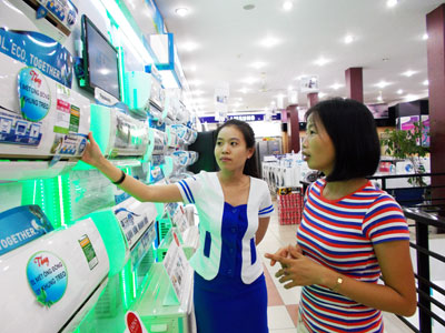 Khách hàng được tư vấn về nhãn năng lượng khi mua sản phẩm điện gia dụng.  Ảnh:  Hoàng Dung