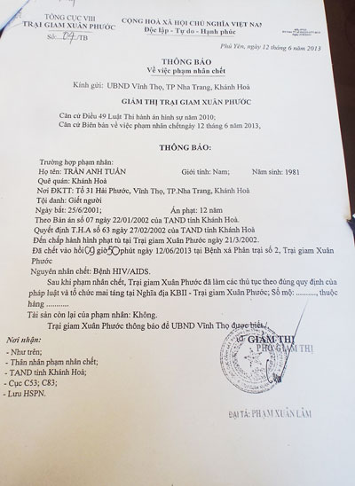  Thông báo của Trại giam Xuân Phước ghi rõ thông tin anh Tuấn chết nhưng ông Nhiên chối bỏ.