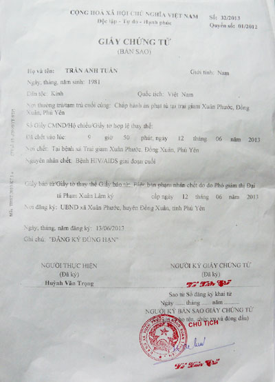 Giấy chứng tử của anh Tuấn đã có nhưng không đúng quy định.