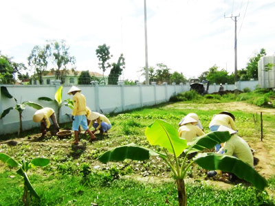 Bệnh nhân cùng làm đất cho vụ rau mới.