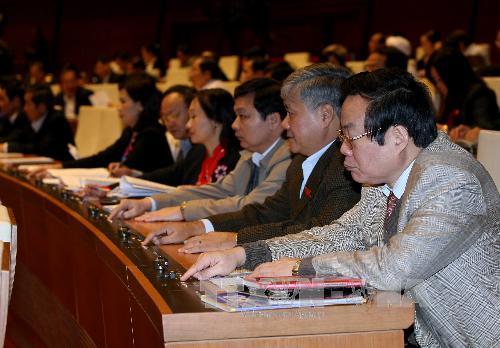 Đại biểu Quốc hội bấm nút biểu quyết Luật Bảo hiểm xã hội (sửa đổi) Ảnh: Phạm Kiên - TTXVN.