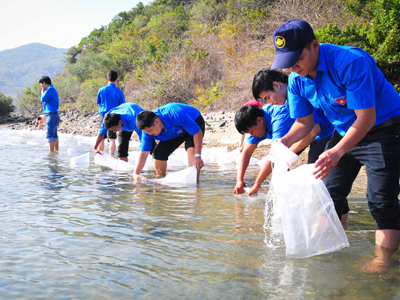 Đại diện các đơn vị cùng các đoàn viên, thanh niên tham gia thả con giống xuống biển