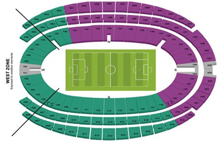 Toàn bộ vé ở phần màu xanh là vị trí chỗ ngồi dành cho CĐV VN đã được bán hết.