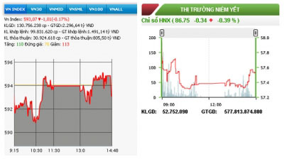 Hai sàn chứng khoán đồng loạt giảm điểm nhẹ