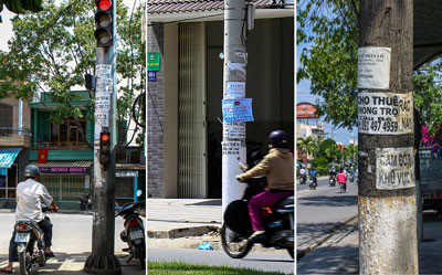 Quảng cáo sai quy định trên các trụ đèn, trụ điện, cây xanh tại TP. Nha Trang