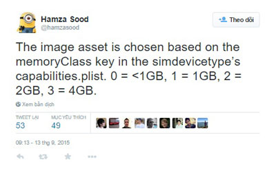 Hamza Sood đã sử dụng công cụ lập trình Xcode 7 của Apple để xác nhận thông số RAM của iPhone 6S, iPhone 6S Plus và iPad Pro